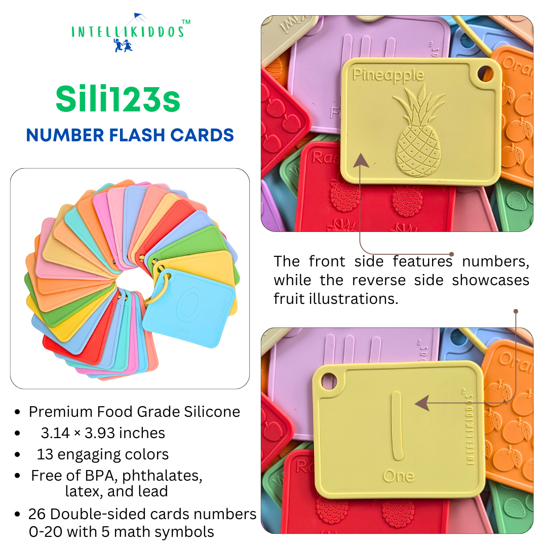 INTELLIKIDDOS Sili123s Toddler Flash Cards – 26 Silicone Number Flash Cards for Toddlers – Educational Toys with Fruit Illustrations, Math Symbols – Learn Numbers, Counting – Montessori Learning, Preschool Flash Card Set