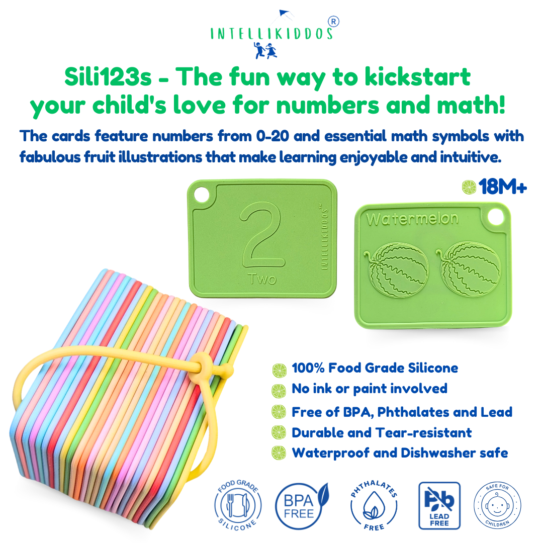 INTELLIKIDDOS Sili123s Toddler Flash Cards – 26 Silicone Number Flash Cards for Toddlers – Educational Toys with Fruit Illustrations, Math Symbols – Learn Numbers, Counting – Montessori Learning, Preschool Flash Card Set