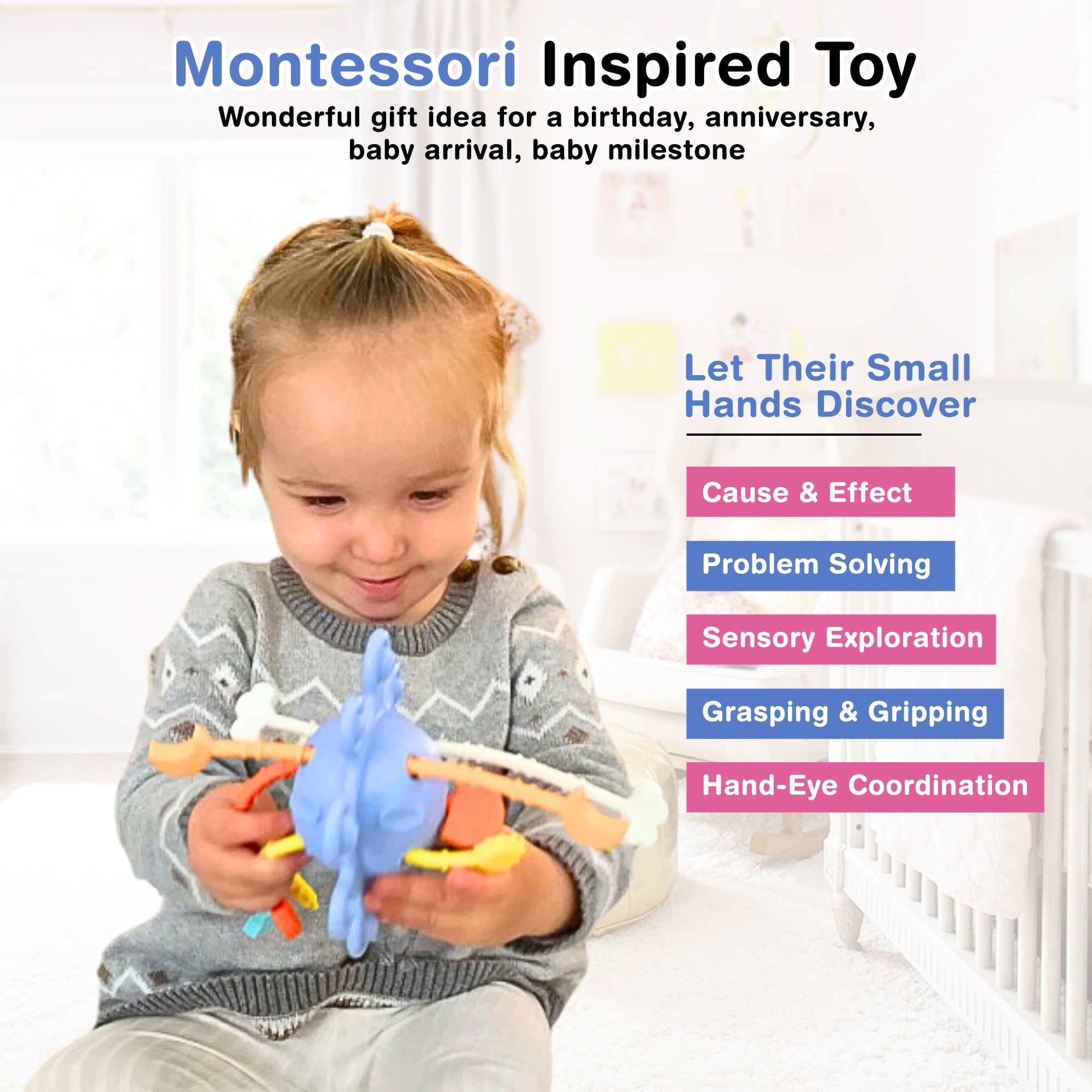 Intellikiddos Montessori Pull String Toy – Fun Montessori Toys for 6 Month Old – Food-Grade and BPA-Free Pull String Activity Toy – Cute and Stimulating Sensory Toys for Toddlers and Babies Intellikiddos