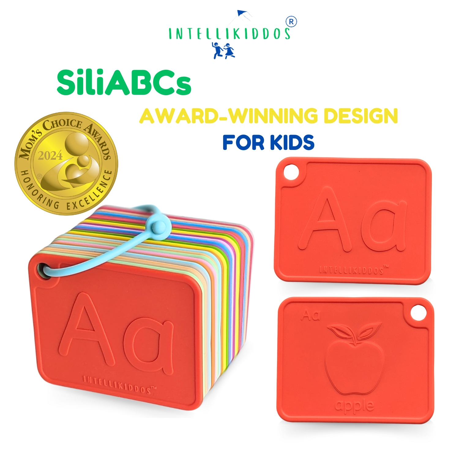 INTELLIKIDDOS SiliABCs™ - Mom's Choice Gold Awards Winner - 26 Silicone Alphabet Flash Cards for Toddlers & Kids Ages 2, 3, 4, 5 Years with Sight Words - ABC Educational Toys for Homeschool, Preschool Development