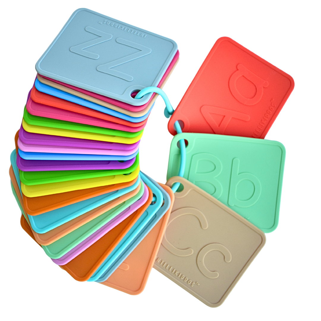 Key educational features of Intellikiddos toddler flash cards – age-appropriate for 18 months to 5+ years, includes uppercase and lowercase letters, food-grade silicone, and vibrant colors.